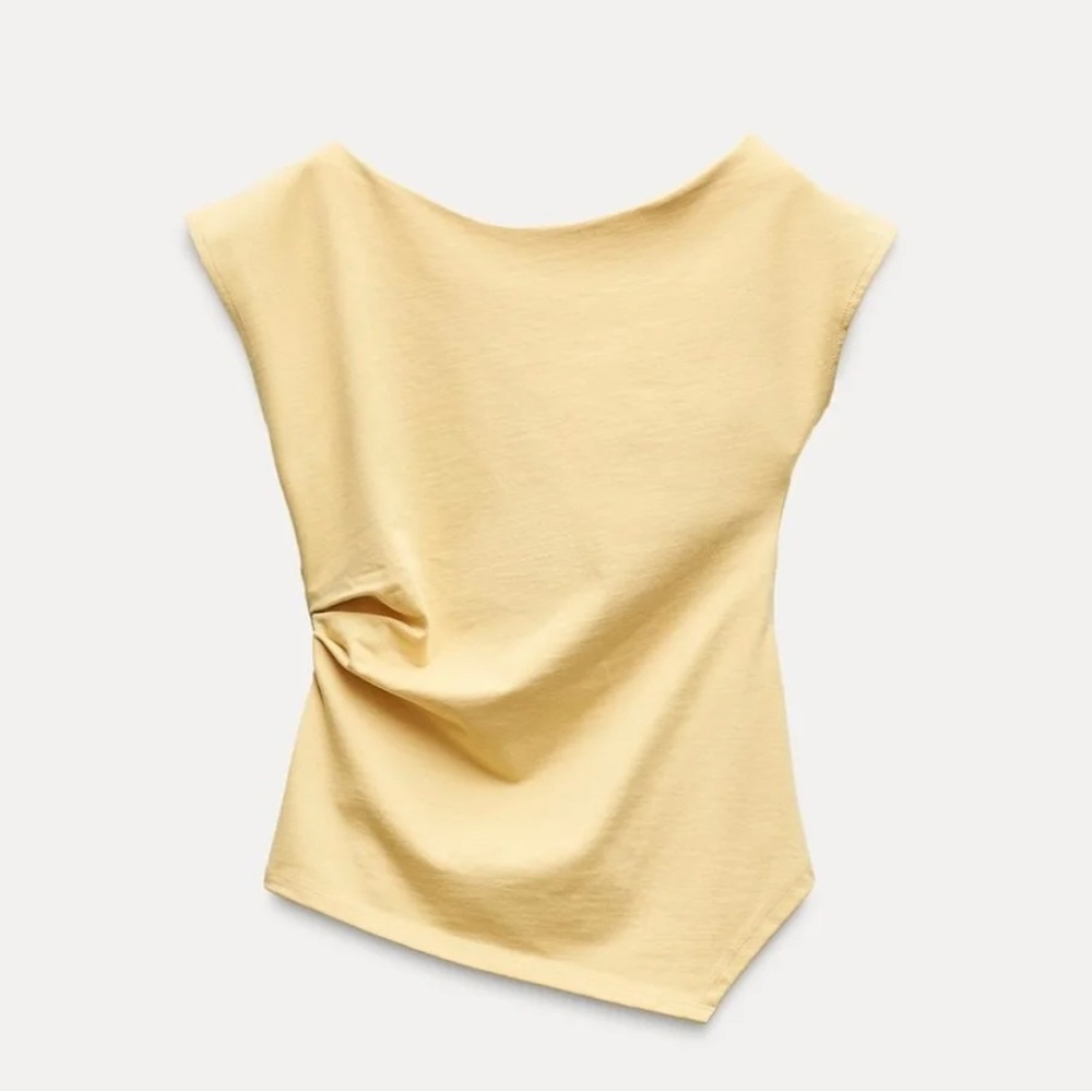 Zara Pale Yellow Asymmetrical Draped Cap-Sleeve Top
